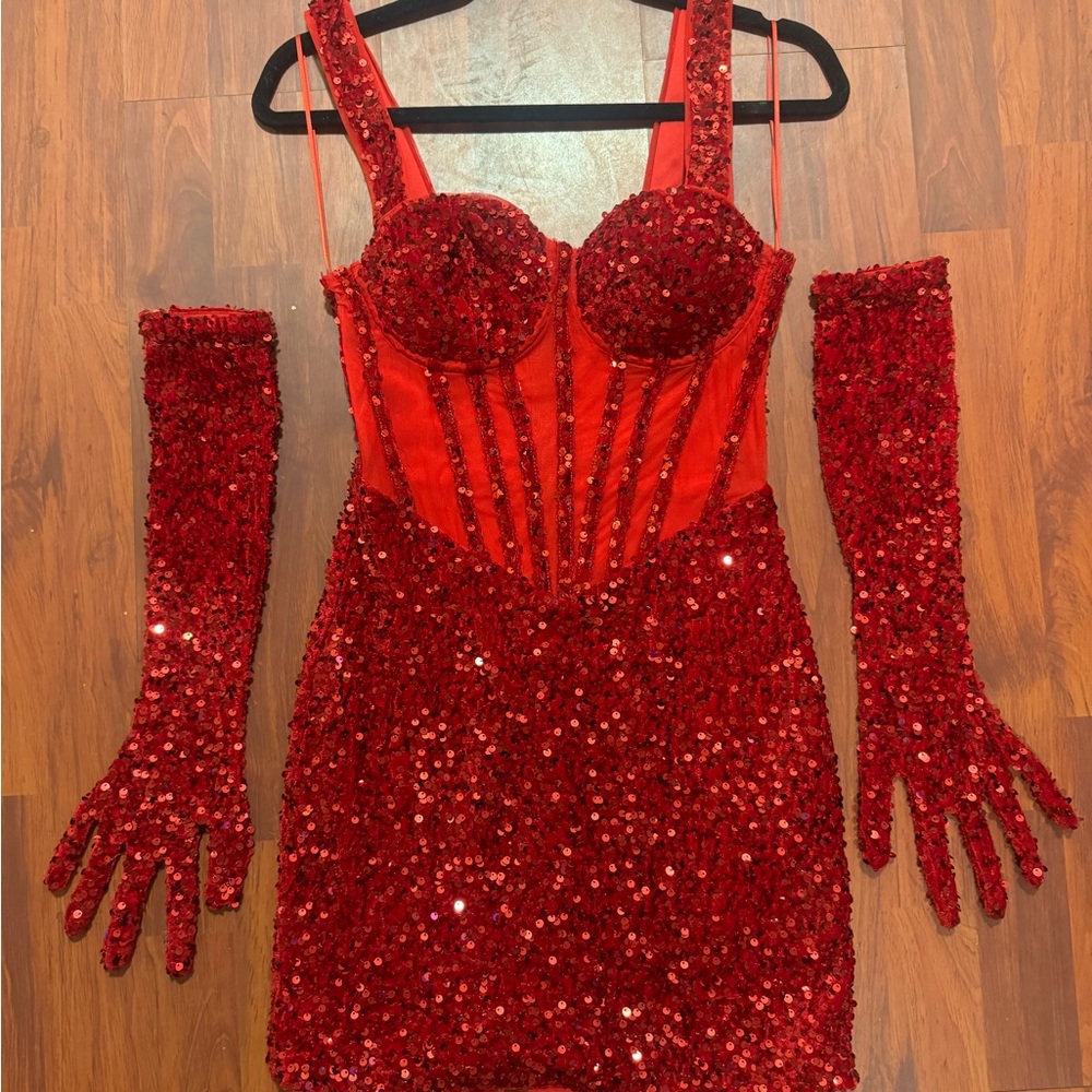 Red Sequin Dress with Matching Gloves